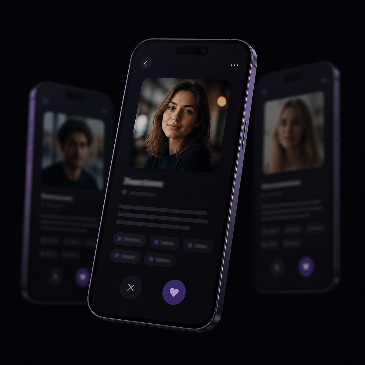 Perfis de mulheres no aplicativo Match & Build em um celular